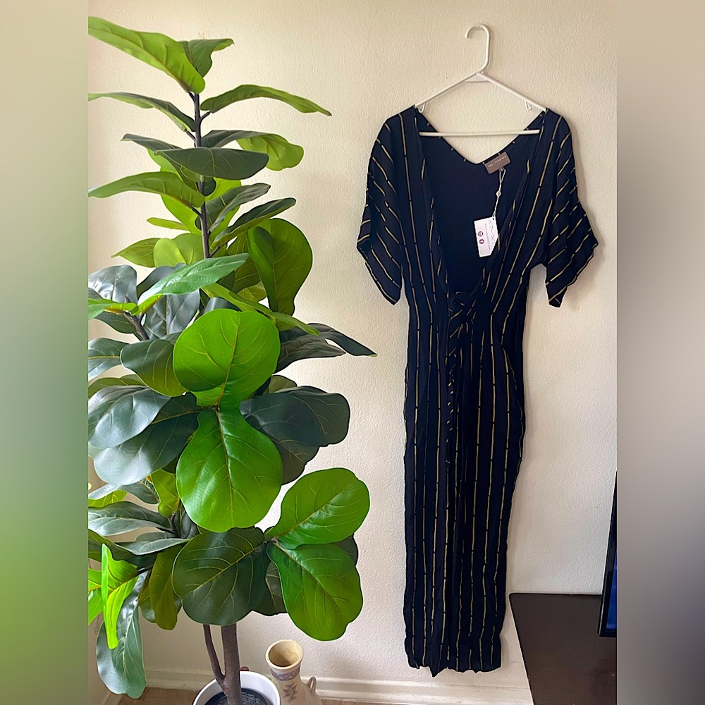 NWT Bel Kazan Black Jumpsuit with Gold Stripes Deep Plunge Neck Women’s Small